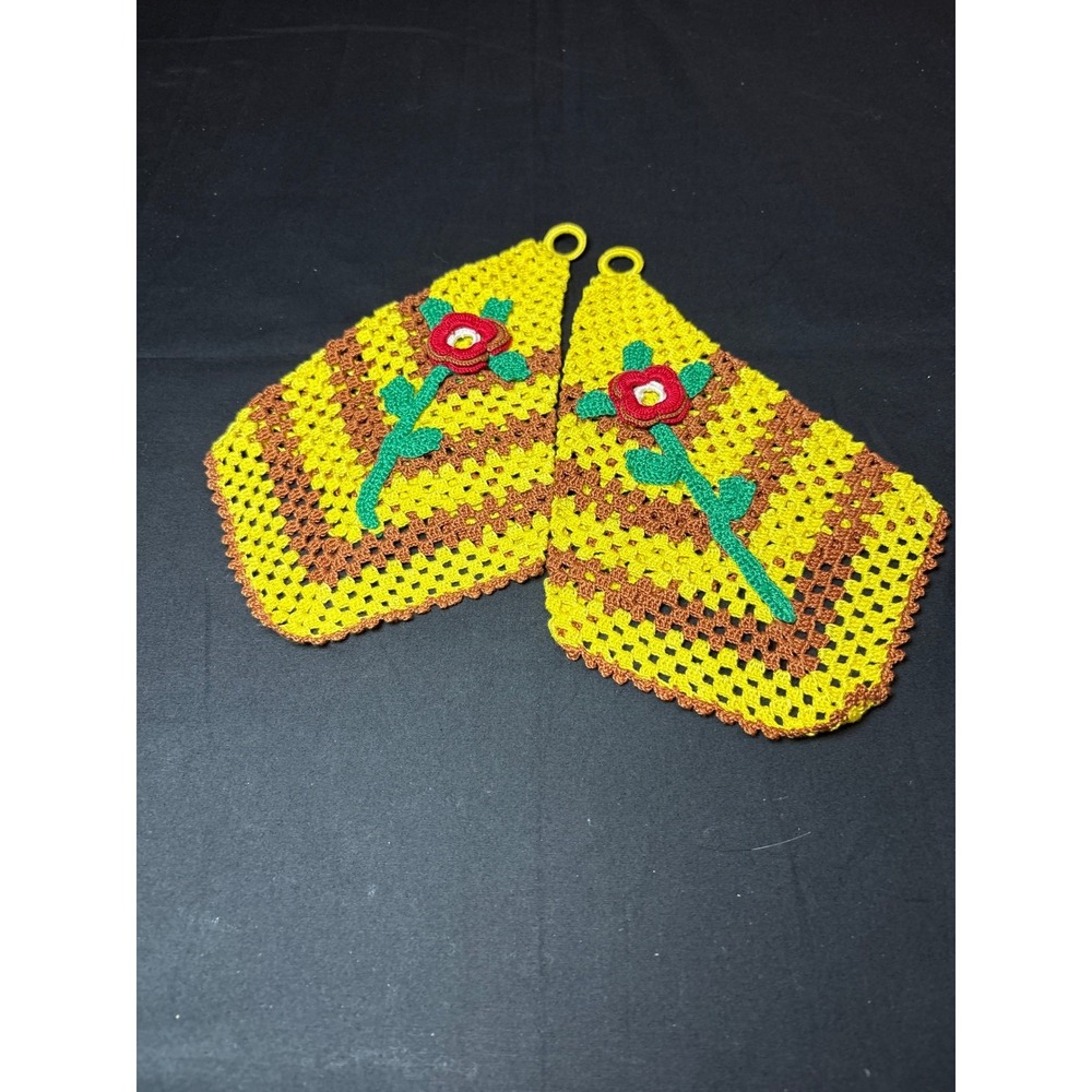 Vintage Handmade Crochet Pot Holder Set Yellow Brown Floral Rose Diamond 2pc
